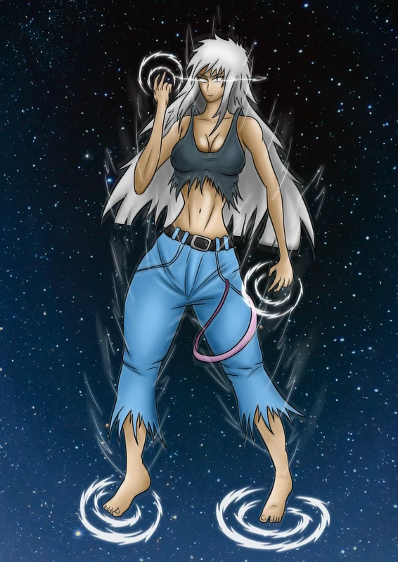 Personnage aux longs cheveux clairs sur un fond étoilé.