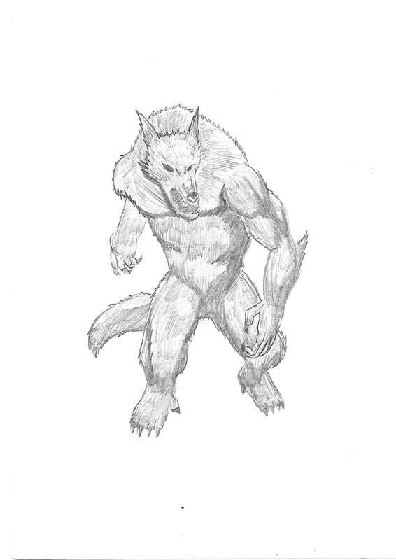 Dessin au crayon d’une créature à la silhouette de loup.