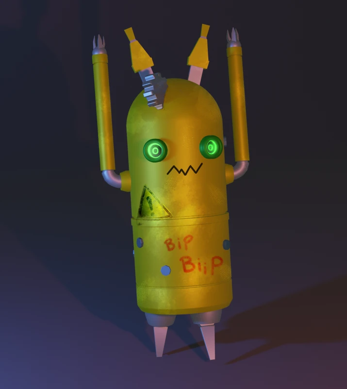 Rendu 3D d’un robot jaune et vert sur un fond sombre.
