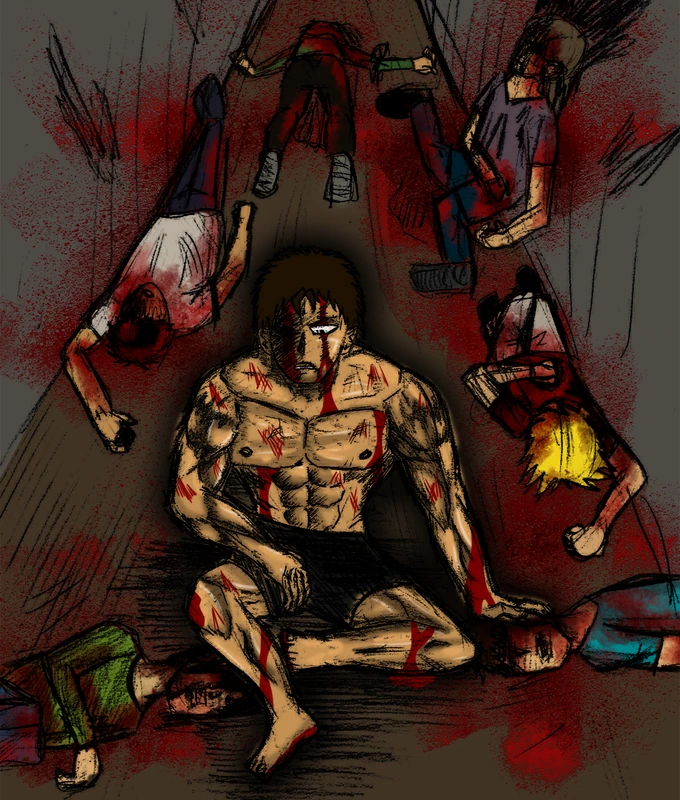 Personnage au centre d’une scène de combat aux tons rouges et sombres.