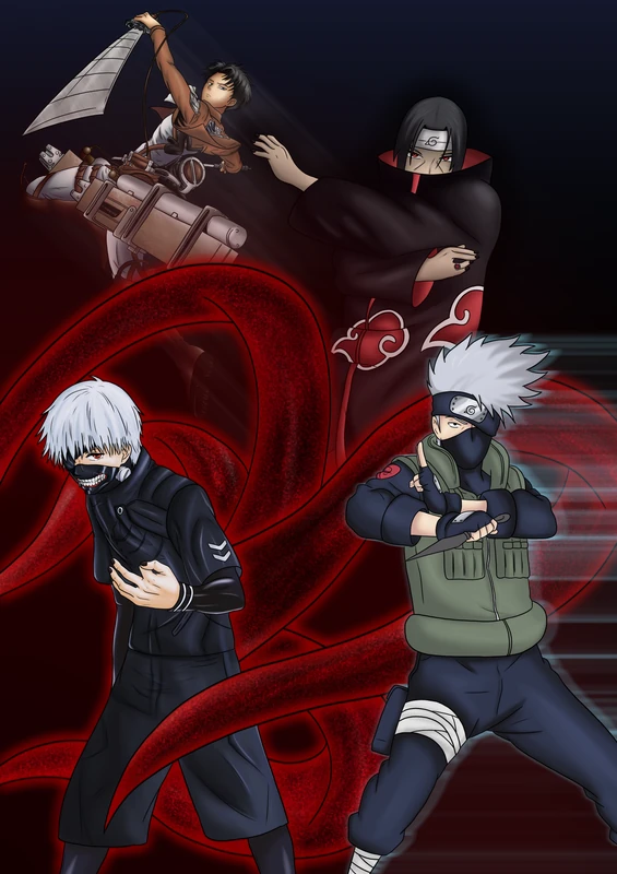 Plusieurs personnages en mouvement sur un fond sombre et rouge.