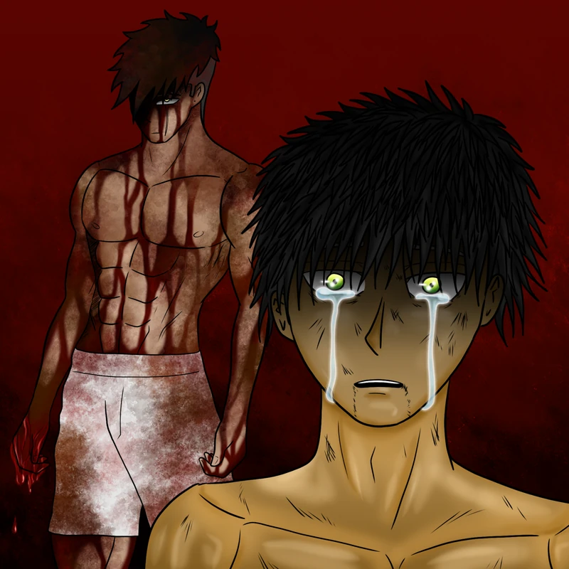 Deux personnages sur un fond rouge, dont un portrait au premier plan.