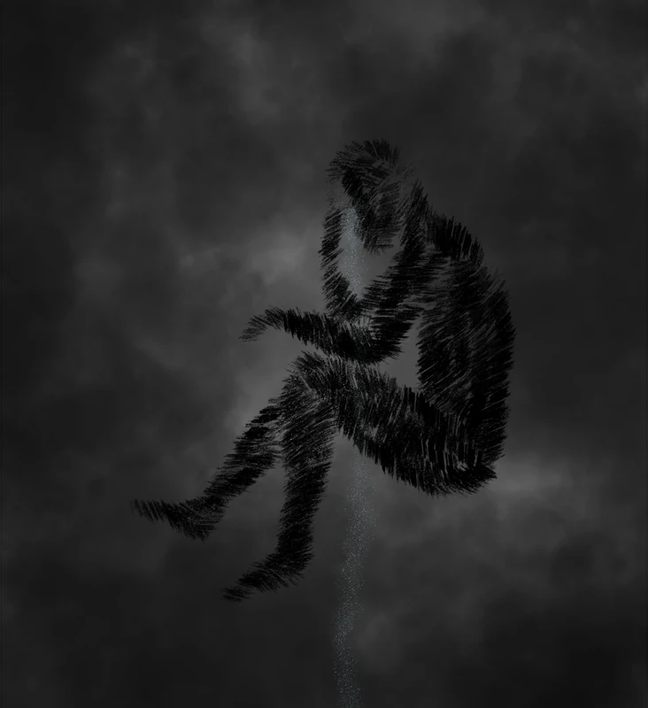 Silhouette assise dans une composition sombre et brumeuse.