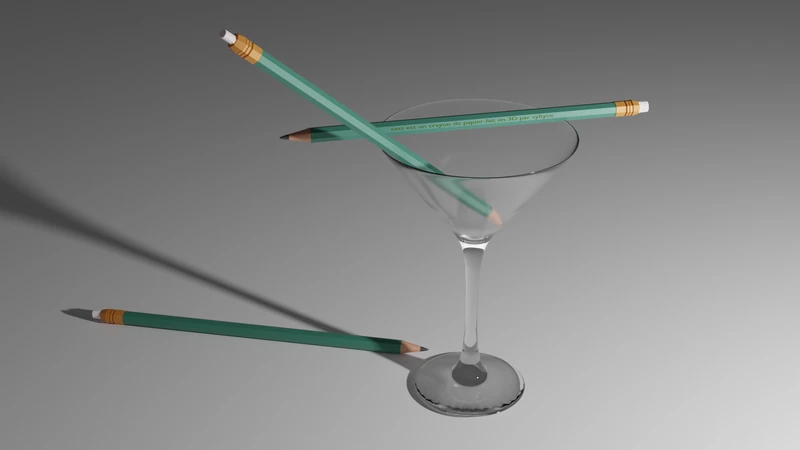 Rendu 3D d’un verre et de crayons sur un fond gris.